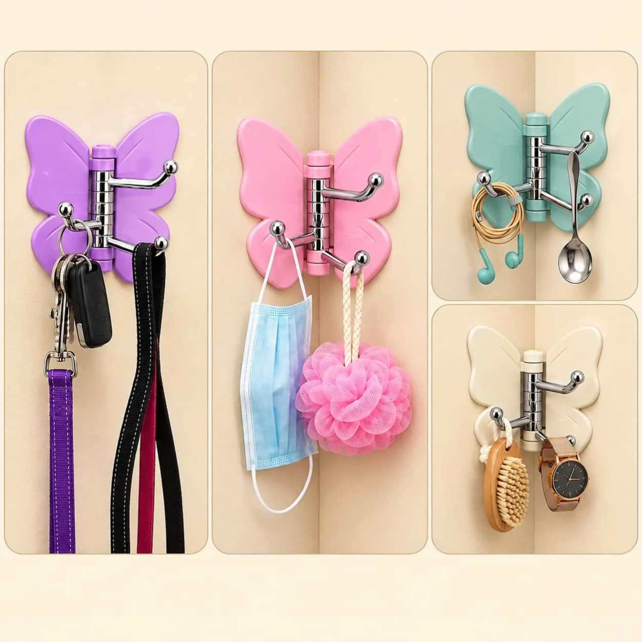 Butterfly Adhesive Wall Hooks with 180-Degree Rotation, Rotating Self-Adhesive Wall Hangers, 180° No-Drill Waterproof Organizer with Triple Hooks for Keys, Towels, Bags, Bathroom, Kitchen, Bedroom & Office, Multicolor thumbnail 5