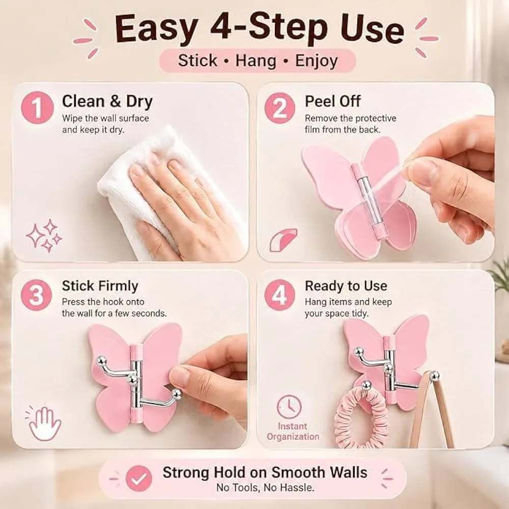 Butterfly Adhesive Wall Hooks with 180-Degree Rotation, Rotating Self-Adhesive Wall Hangers, 180° No-Drill Waterproof Organizer with Triple Hooks for Keys, Towels, Bags, Bathroom, Kitchen, Bedroom & Office, Multicolor thumbnail 3