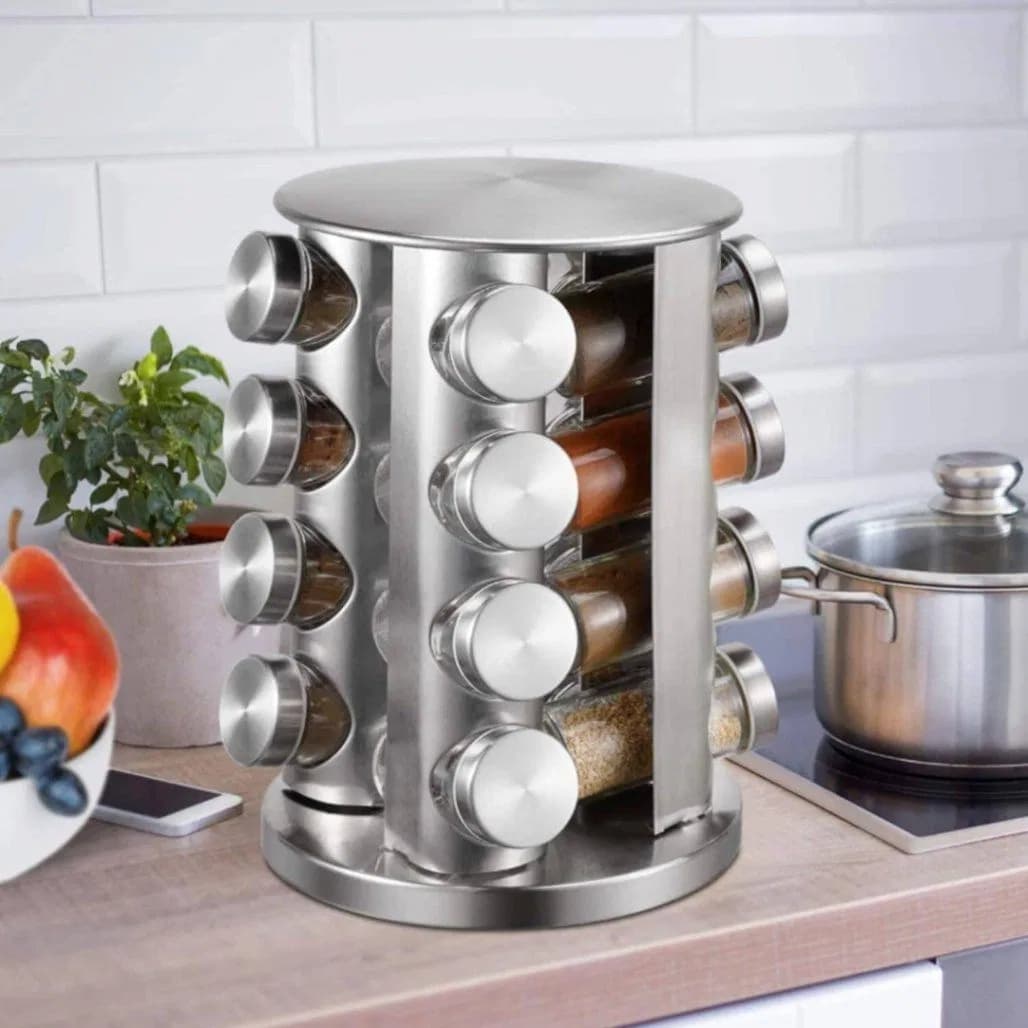 Spice Carousel 16 Jar Rotating Spice Rack Set, 16 Spice Jars with 360 Rotating Spice Carousel, Tower Organizer for Kitchen Countertop or Cabinet