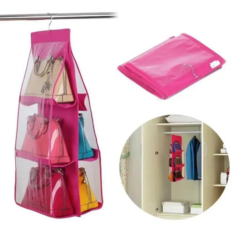 6 Pocket Hanging Organizer, Dust-Proof Storage Bag Holder, Hanging Handbag Organizer thumbnail 3