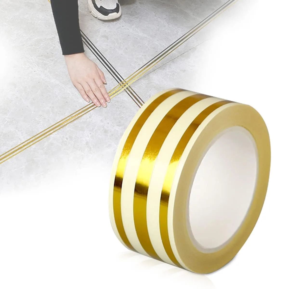 3 Line Golden Tile Gap Tape,5M Golden Tile Gap Tape, Home Tile Sticker Waterproof Tape PVC Self Adhesive Tape Ceramic Tile Gap Tape for Detailing Wall, Floor Tile Gap, Cabinetry thumbnail 5