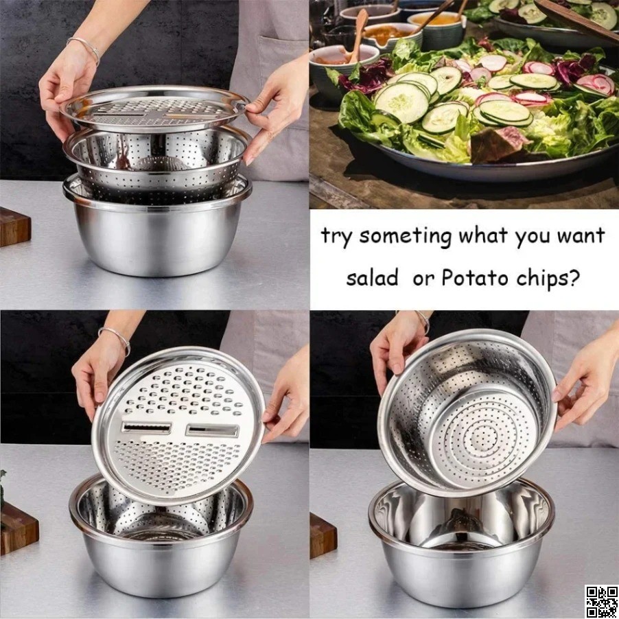 Stainless Steel 3 in 1 Vegetable Cutter & Drain Basket – Multifunctional Basin Set