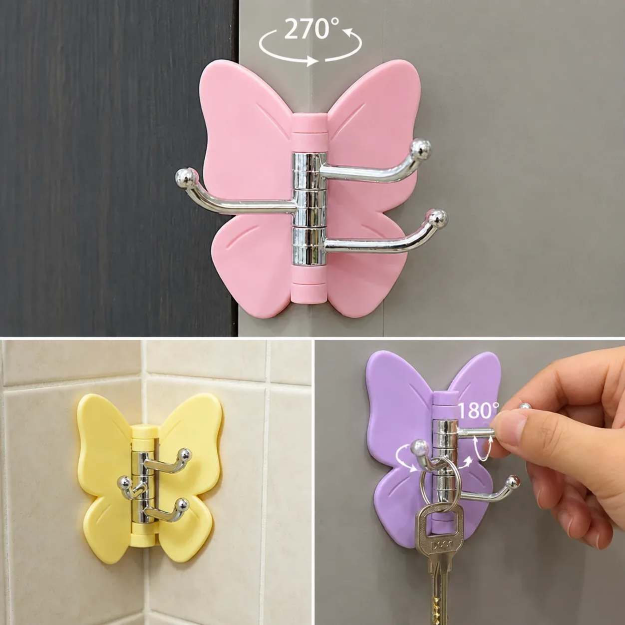 Butterfly Adhesive Wall Hooks with 180-Degree Rotation, Rotating Self-Adhesive Wall Hangers, 180° No-Drill Waterproof Organizer with Triple Hooks for Keys, Towels, Bags, Bathroom, Kitchen, Bedroom & Office, Multicolor thumbnail 2