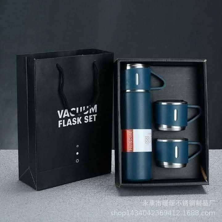 Vacuum Flask Set 500ml with 3 Cups | Stainless Steel Coffee Tea Travel Mug Gift Set thumbnail 3