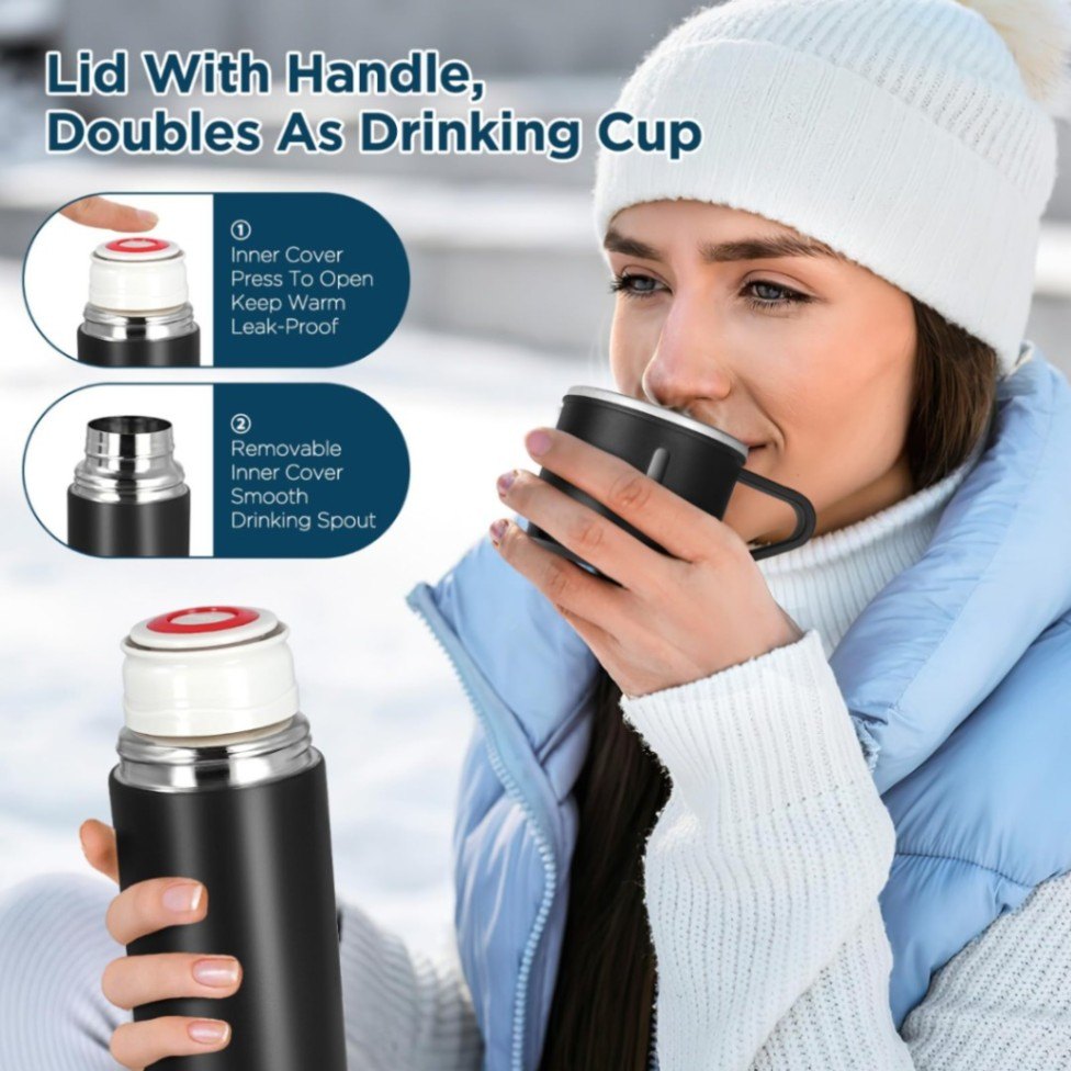 Vacuum Flask Set 500ml with 3 Cups | Stainless Steel Coffee Tea Travel Mug Gift Set thumbnail 2