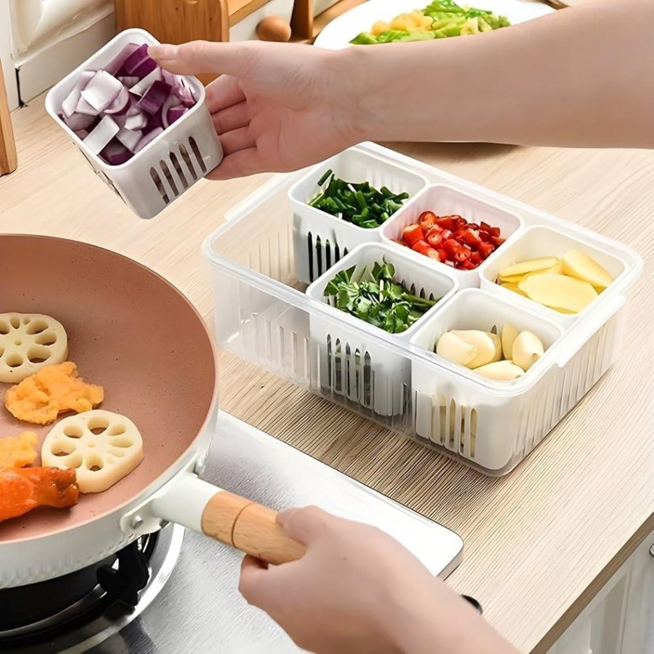 Premium 6 Grids Refrigerator Storage Box – Multifunctional Airtight Food Grade Fridge Organizer for Spices, Ginger, Garlic & Vegetables thumbnail 3