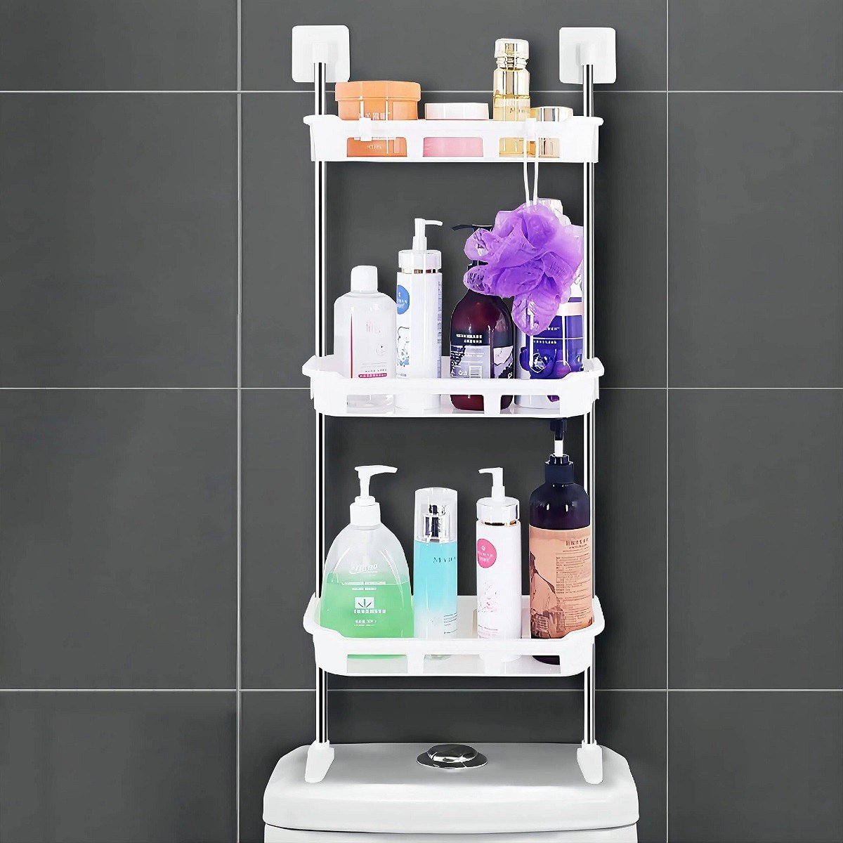 Premium 3 Tier Multifunctional Kitchen & Bathroom Wall Hanging Storage Rack – Space-Saving Toilet Flash Tank Organizer Bin