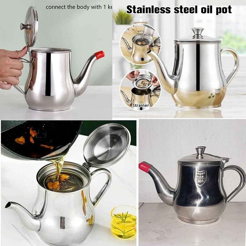 Stainless Steel Oil Strainer Pot with Filter – Cooking Oil Storage Jug thumbnail 3