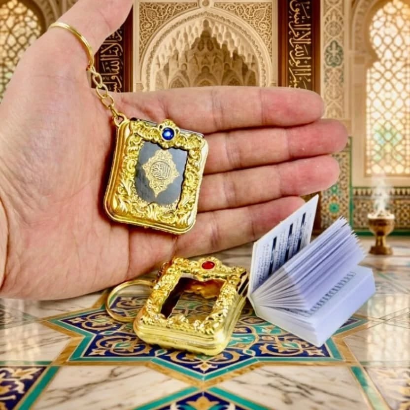 Mini Quran Sharif Keychain – Complete 30 Juz Pocket-Sized Keyring with Golden Cover