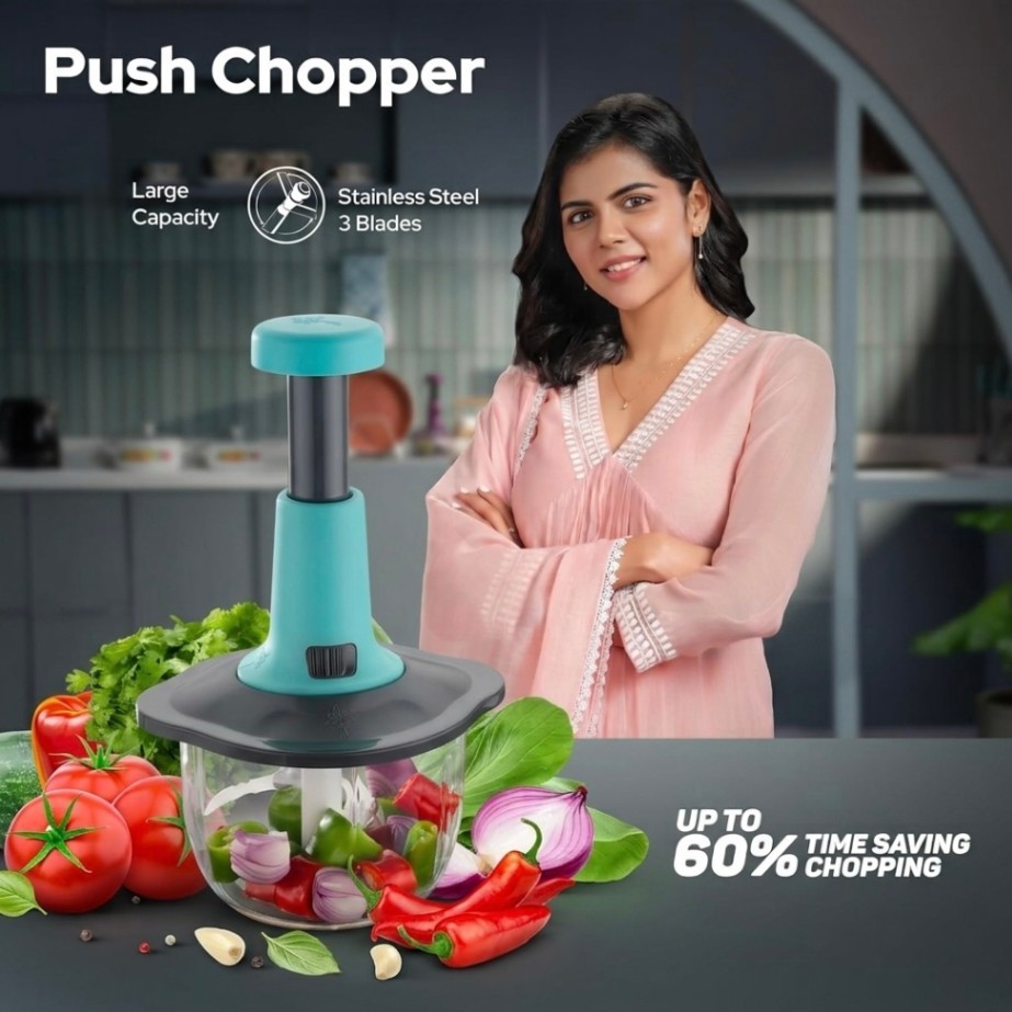 Manual Food Processor Push Type Chopper – 1.1L Capacity | Large Vegetable Cutter | Hand Press Food Chopper for Kitchen thumbnail 2