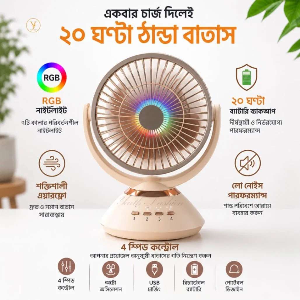 JYSUPER JY-2570 Rechargeable 8000mAh Desk Fan with LED Light, Rechargeable Portable Table Fan thumbnail 8