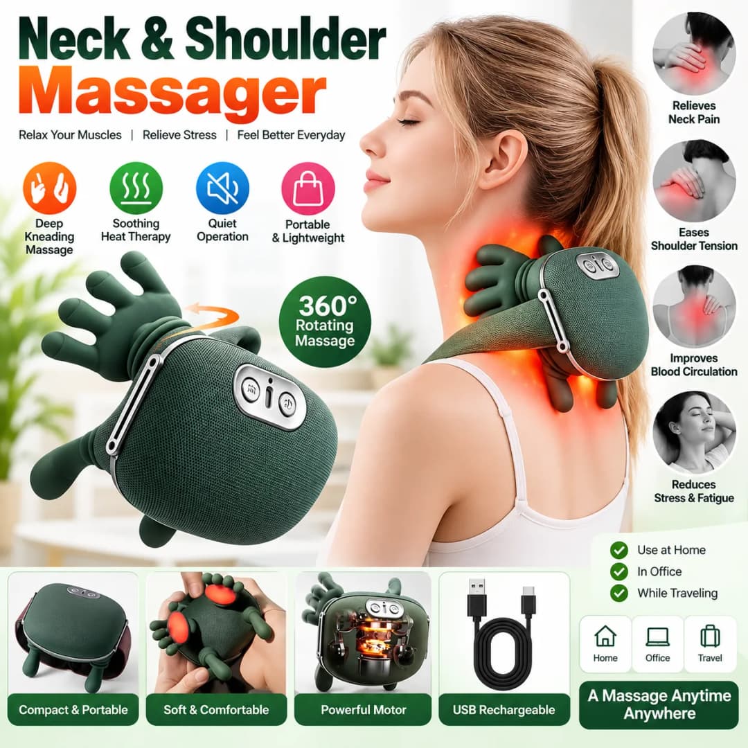 Portable Neck & Shoulder Massager with Heat Compress – Rechargeability Hand Simulation Relief Machine