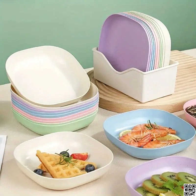 Square Plastic Dinner Plate Set with Stand (Set of 10 Pcs) – Colorful Snacks & Breakfast Plates thumbnail 3