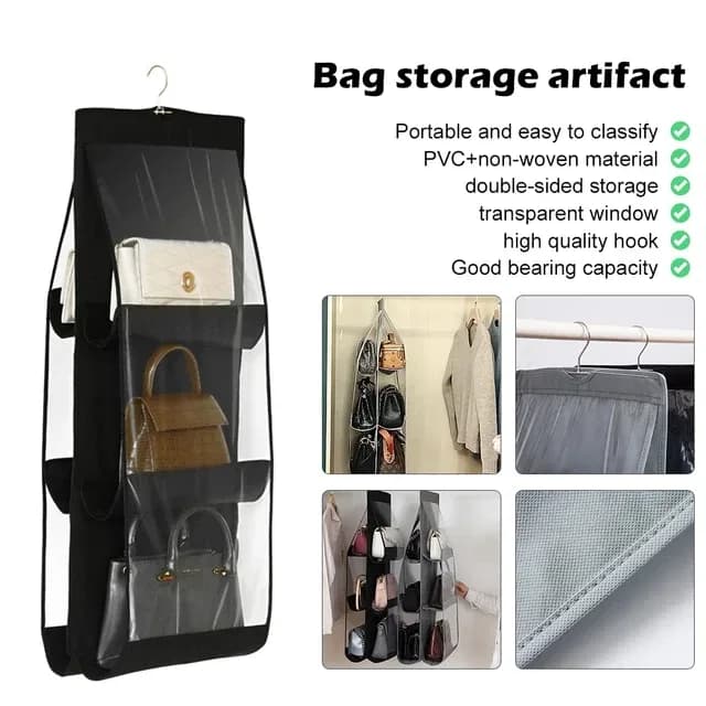6 Pocket Hanging Organizer, Dust-Proof Storage Bag Holder, Hanging Handbag Organizer thumbnail 2