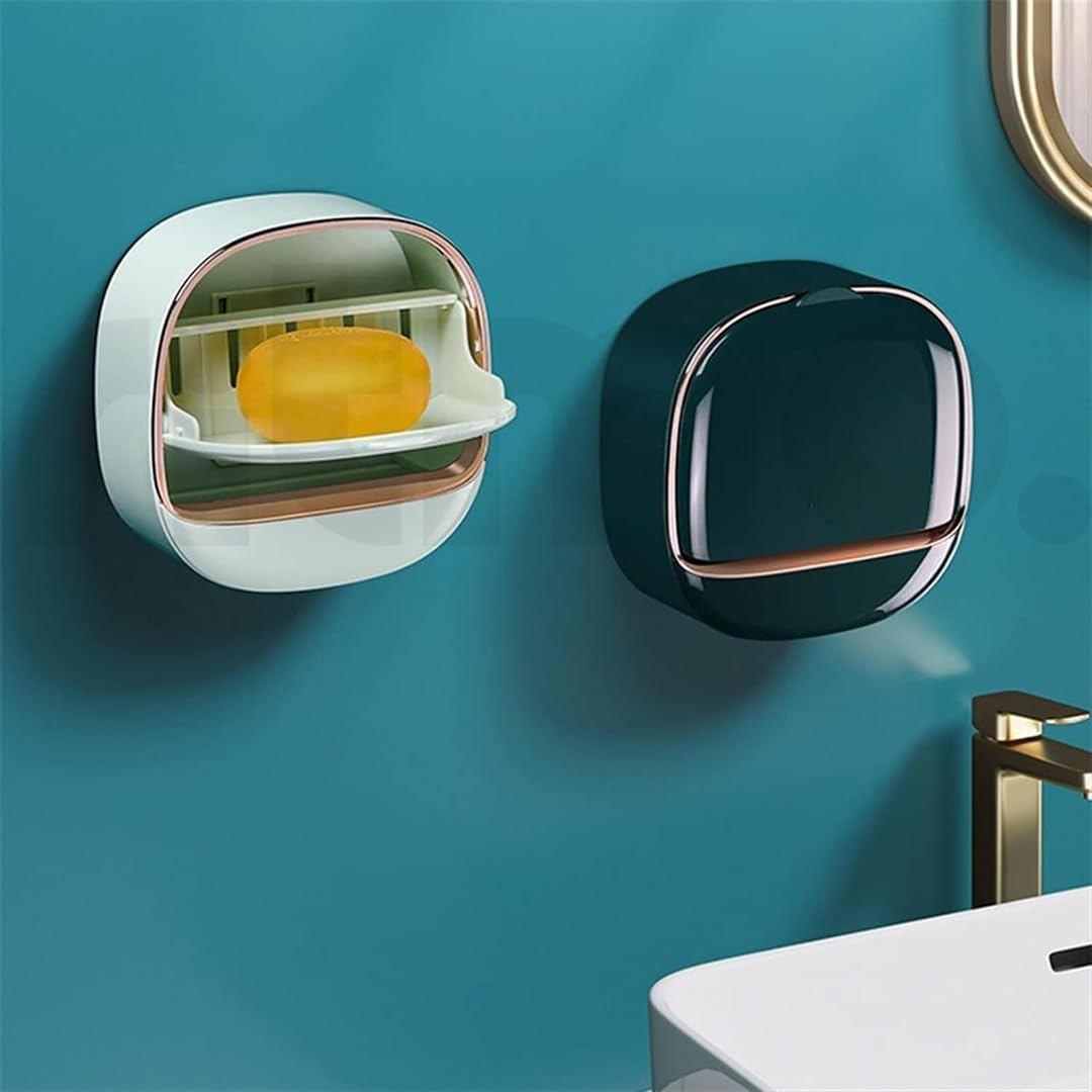 Wall Mounted Soap Box with Drip Tray – No Drilling Waterproof Self Adhesive Soap Holder with Flip Lid for Bathroom & Kitchen