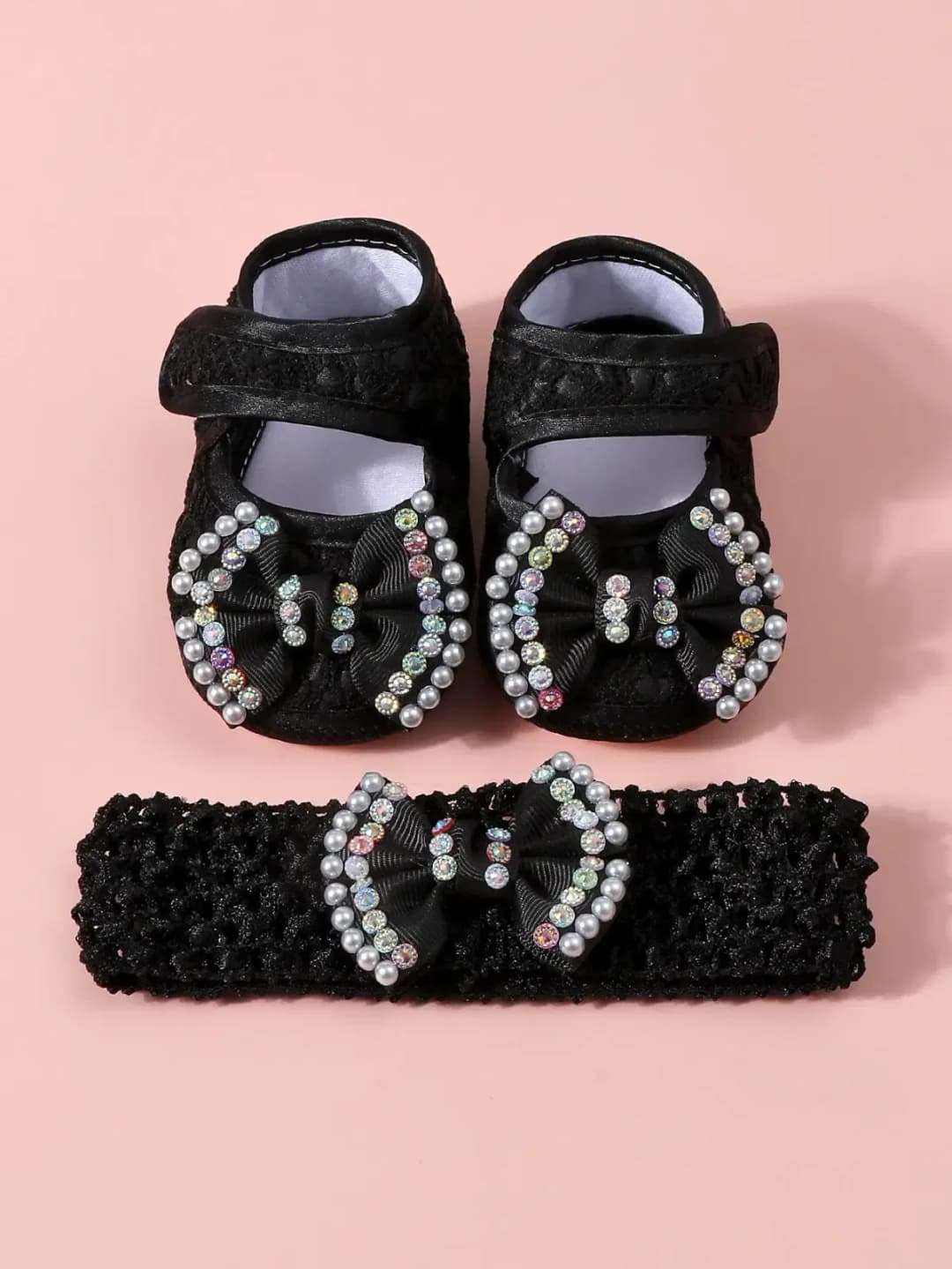 Baby Girls Baptism Shoes and Headband Set, Newborn Baby Soft Sole Princess Shoes And Hair band.