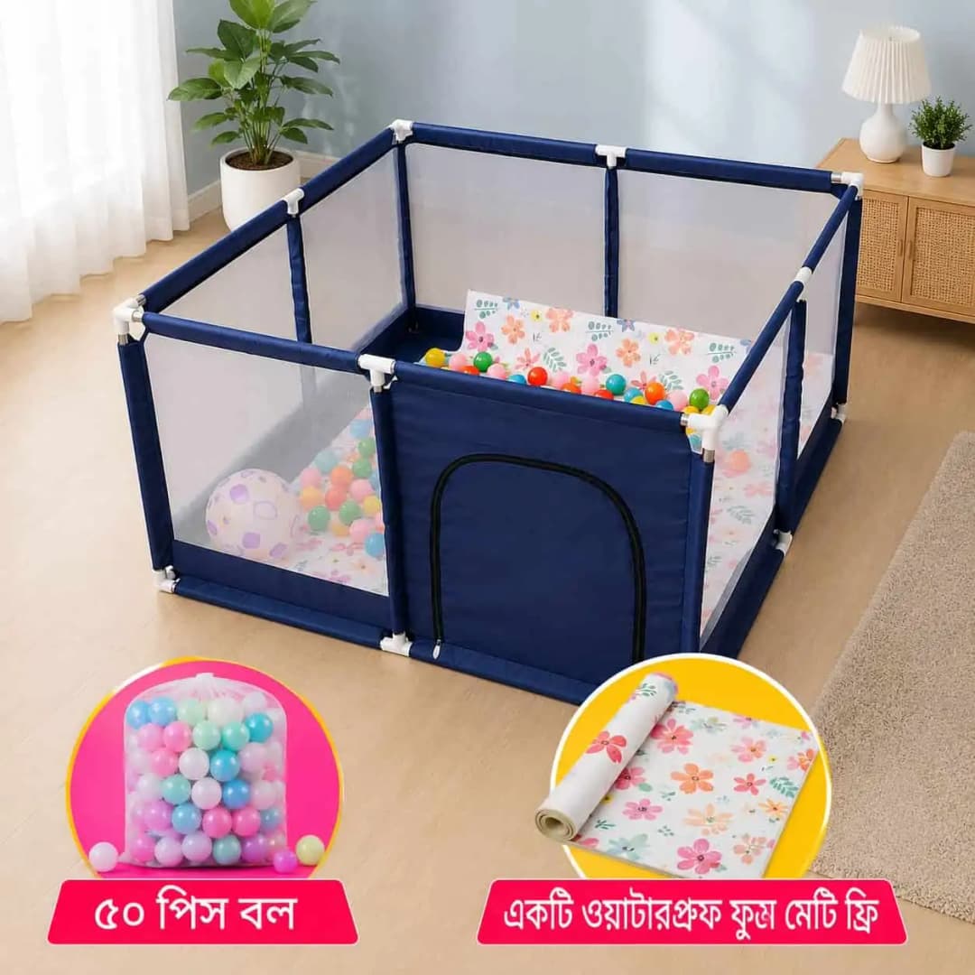 Baby Play Pen House with 50 Colorful Balls & Soft Foam Mat, Baby Playpen (Size 4×4 Feet) with 50 Balls & Waterproof Foam Mat thumbnail 4