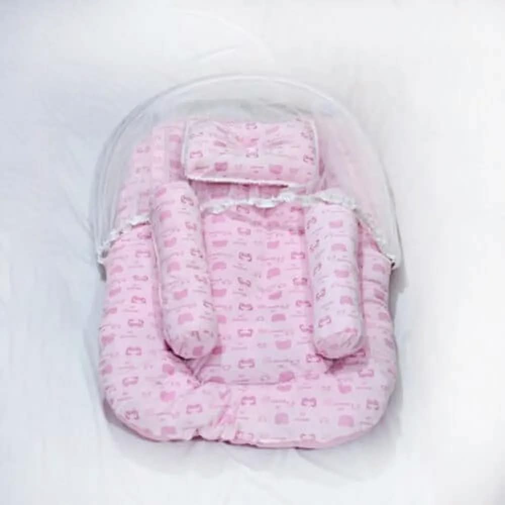 Velvet Fabric Baby Bed with Mosquito Net, Pillow & Support Pillow Set, New Born Baby Bed Set With Mosquito Net, Baby Bed with Mosquito Net and Pillow Support Pillow Set, Baby Bed with Attached Moshari thumbnail 2