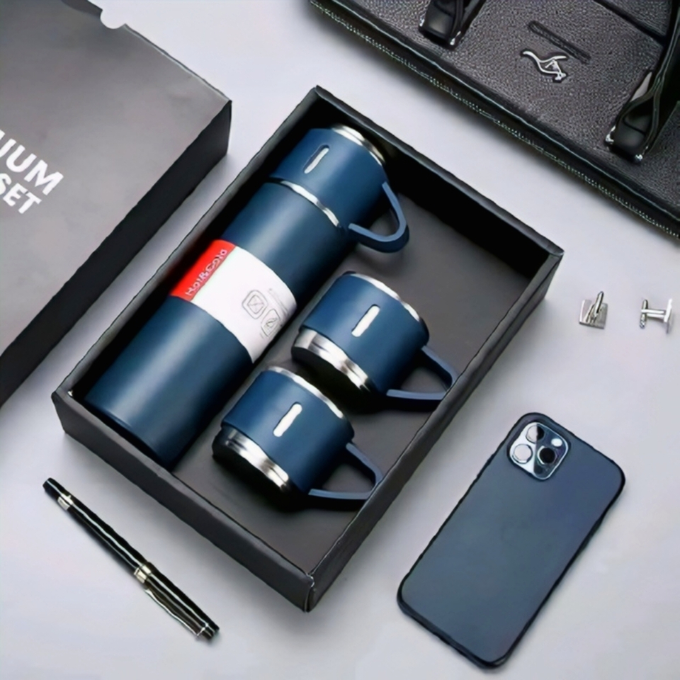 Vacuum Flask Set 500ml with 3 Cups | Stainless Steel Coffee Tea Travel Mug Gift Set