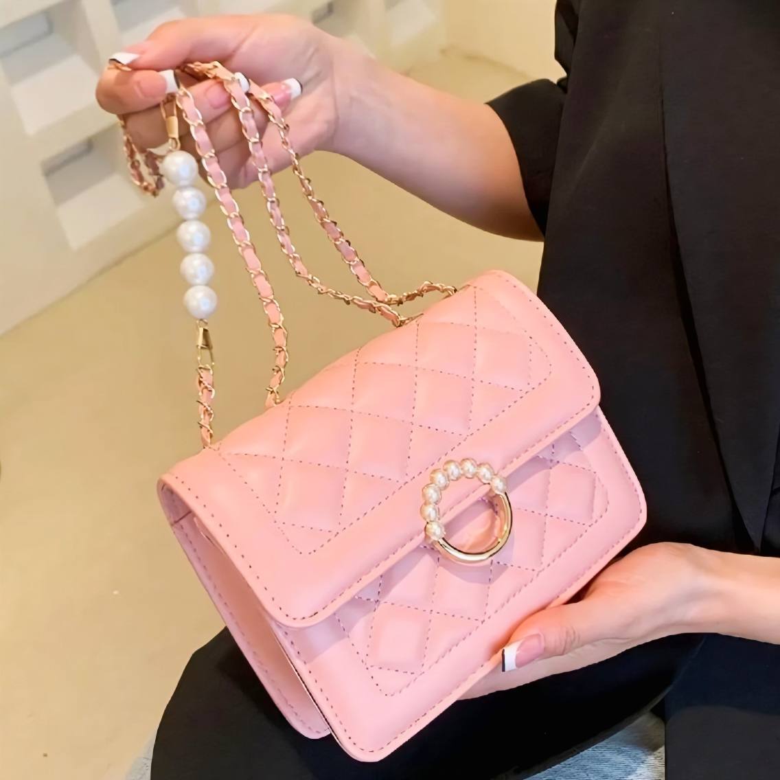 Pearl Bag Premium Diamond Lattice Chain Women's Shoulder Bag | Stylish PU Leather Handbag for Party, Casual & Trendy Fashion
