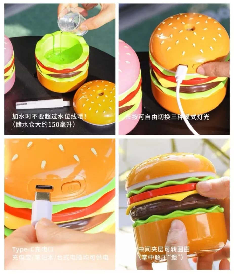 Burger Style Humidifier, Air Humidifier with Colorful Light Mini USB Purifier Aroma Oil Diffuser for Car Home Office Bedroom thumbnail 7