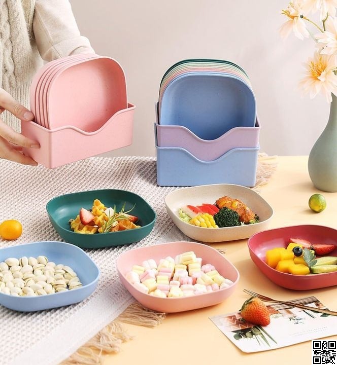 Square Plastic Dinner Plate Set with Stand (Set of 10 Pcs) – Colorful Snacks & Breakfast Plates