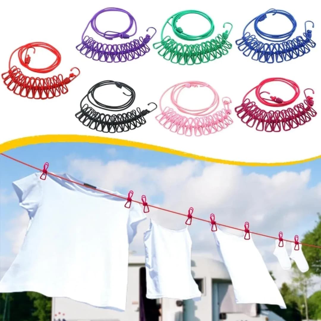 Elastic Clothes Drying Rope with 12 Clips – Portable Travel Cloth Line thumbnail 4