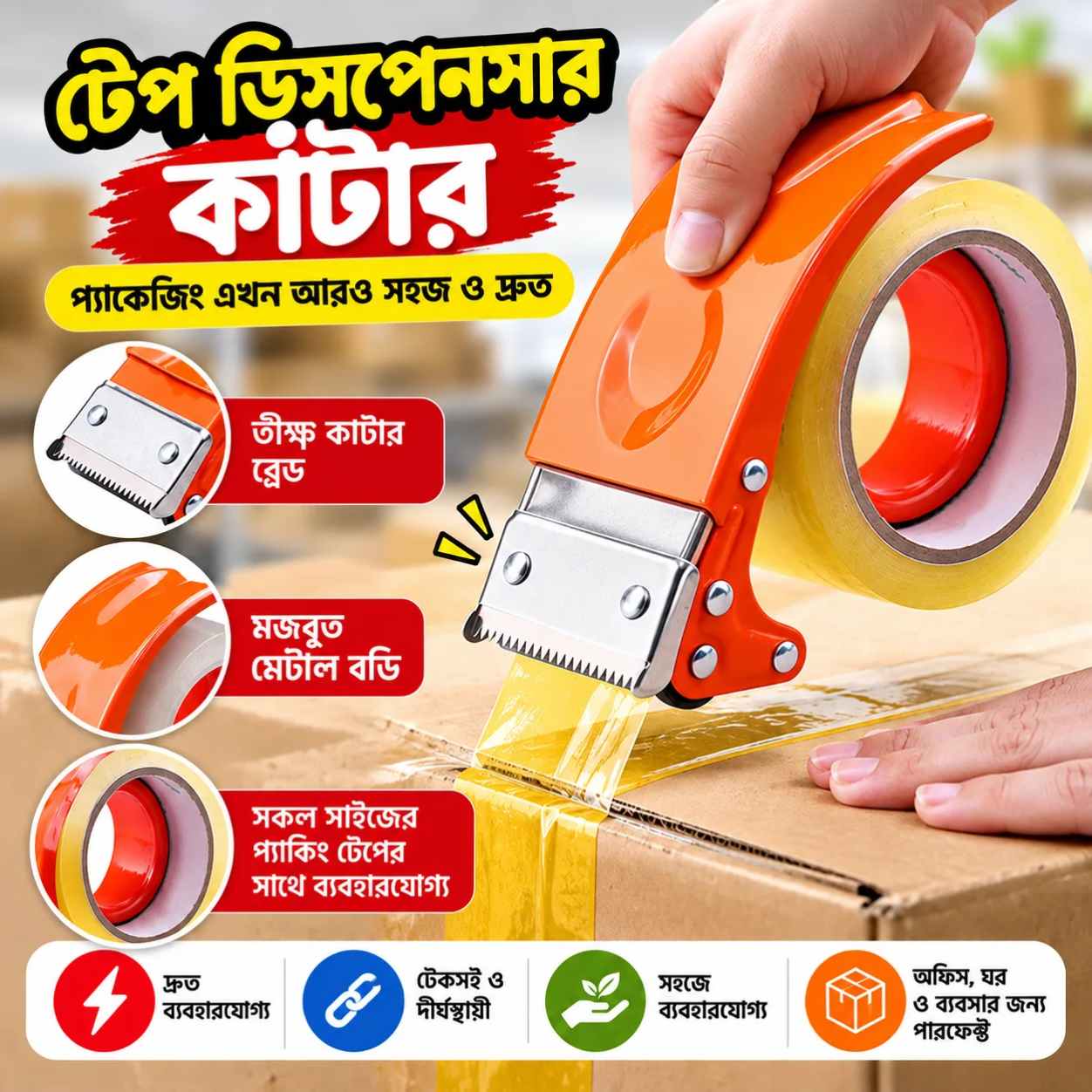 Packing Tape Dispenser Cutter | Metal Hand Operated Manual Tape Dispenser Cutter for Packaging Boxes, Portable Heavy Duty Metal Tape Dispenser Handheld Cutter for Office Warehouse Packing Tape Cutter