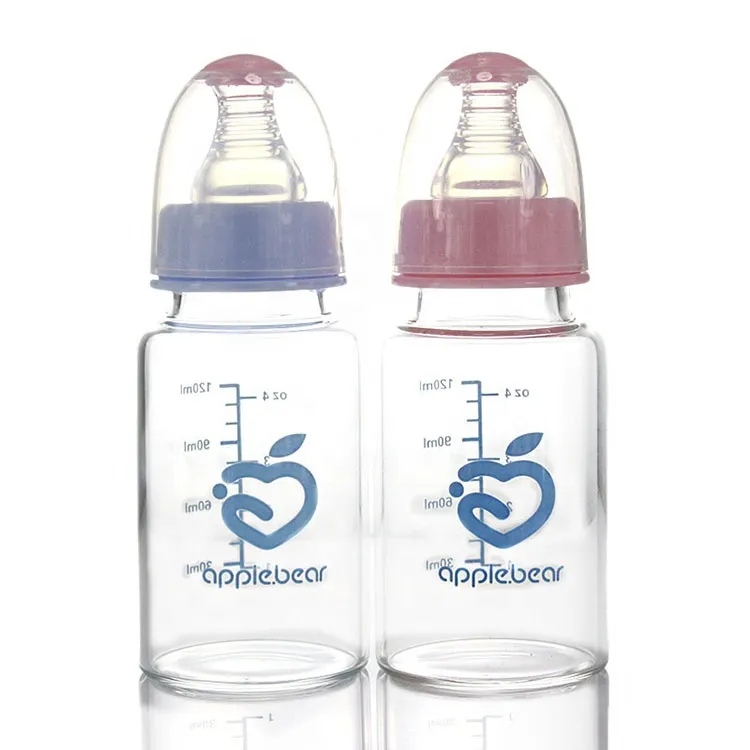 Apple Bear Baby Feeding Bottle 200ml Glass Baby Feeder Mum Pot with Silicone Teether