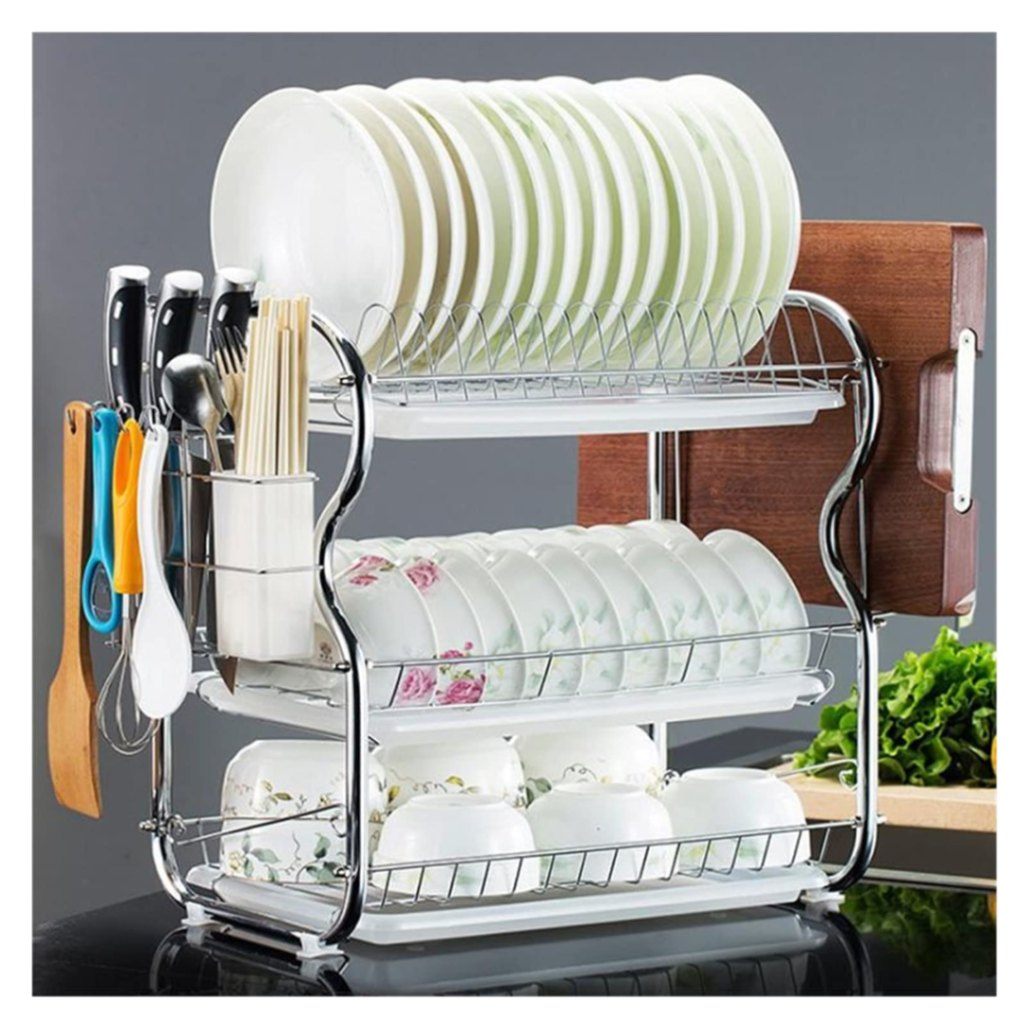 B Shape 3 Layer Stainless Steel Dish Drainer Rack | Kitchen Dish Drying Stand thumbnail 2