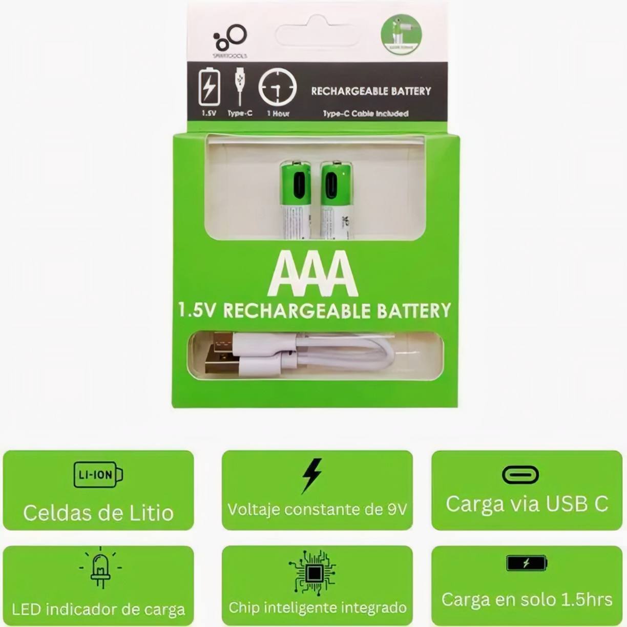 Rechargeable Li-ion AAA via USB Type C Battery 1.5V (2 Pcs Set)
