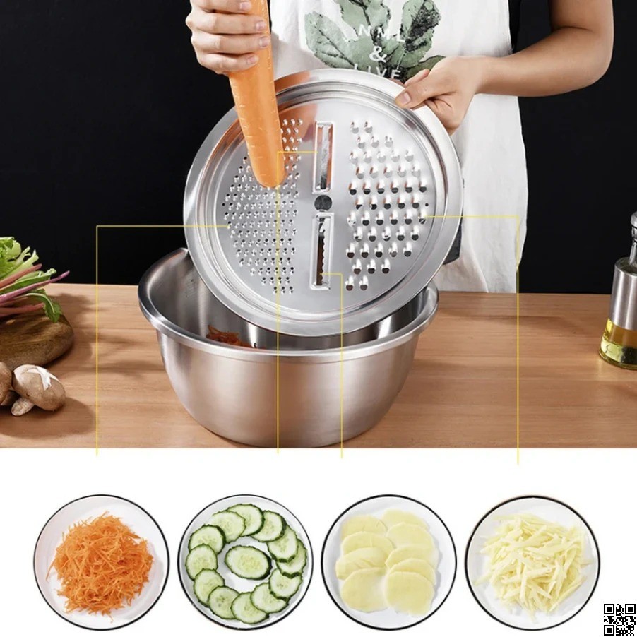Stainless Steel 3 in 1 Vegetable Cutter & Drain Basket – Multifunctional Basin Set thumbnail 4