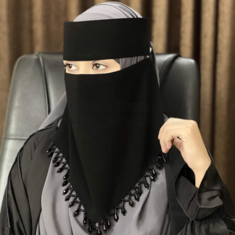 Karchupi V Shape Niqab Muslim Hijab | Arabian V-Shape Face Veil with Tassel Pendant | Premium Dubai Cherry Fabric Stylish Islamic Niqab thumbnail 2