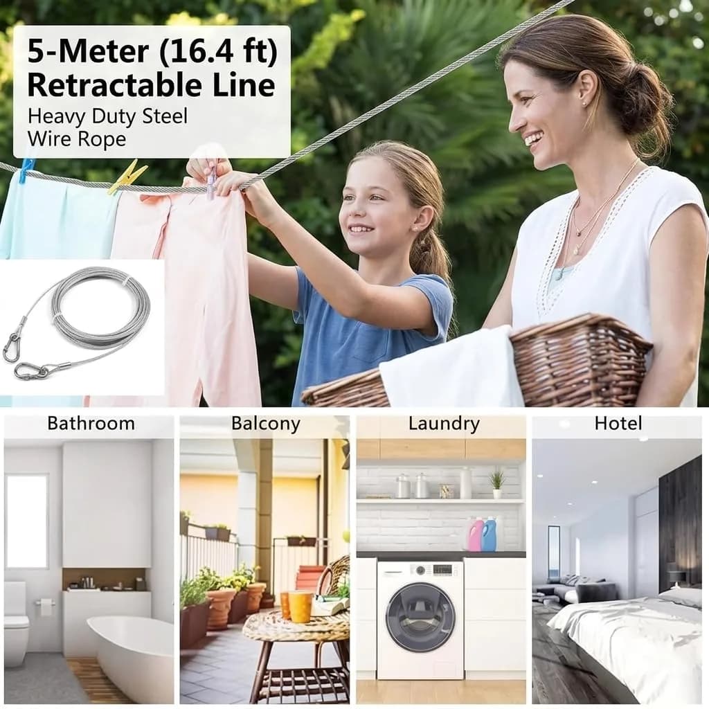 Stainless Steel Clothes Drying Rope 5 Meter/16.5 Feet with Carabiner Hooks, Heavy Duty Rust Proof Clothesline, Strong Steel Wire Cloth Line for Balcony, Bathroom, Camping, Travel, Indoor & Outdoor Use thumbnail 2