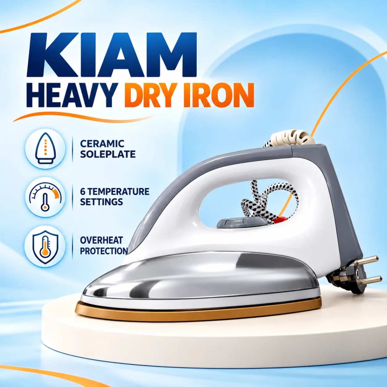 Kiam ES-535 Heavy Dry Iron (1200W) – Ceramic Coated Gold Soleplate & Heavy Weight Cloth Press thumbnail 3