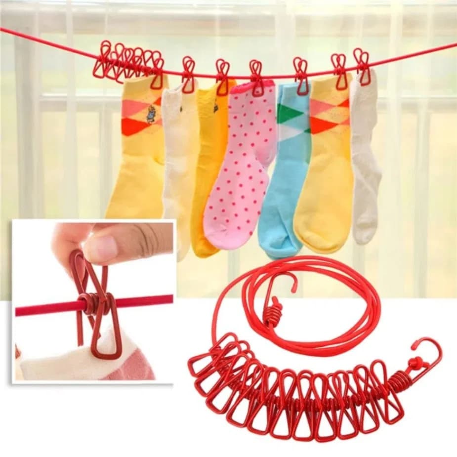 Elastic Clothes Drying Rope with 12 Clips – Portable Travel Cloth Line thumbnail 3