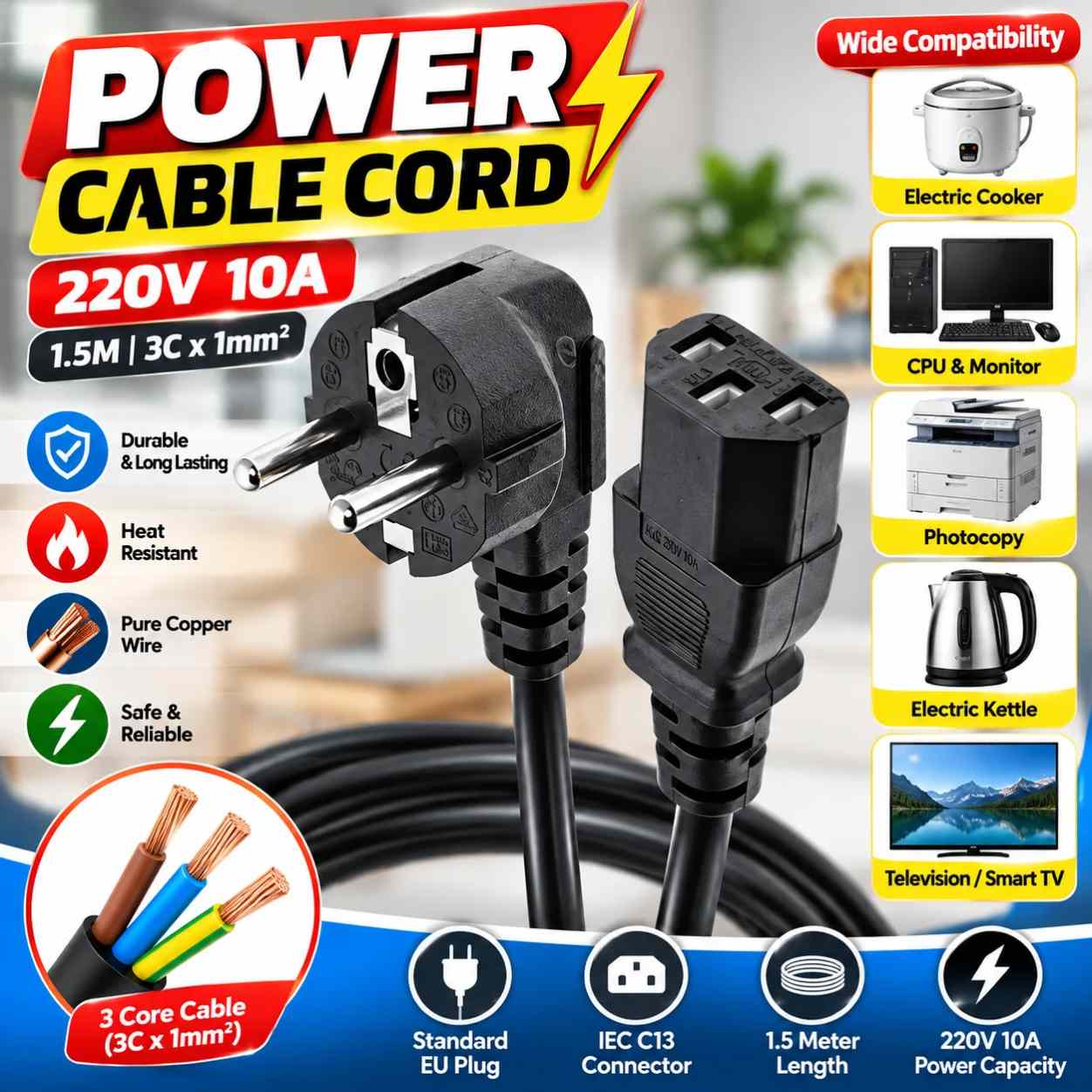 Power Cable Cord Eu 3 Prongs 1.2 Meter 2 Plug Ac Power Cord For Computor, Laptops, Rice Cooker, Photo Copy, Projector And Other thumbnail 2