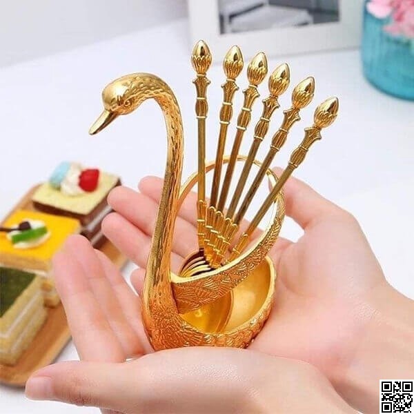 Cutlery Spoon Set with Swan Holder – 6pcs Tea Spoon Set with Stand thumbnail 7