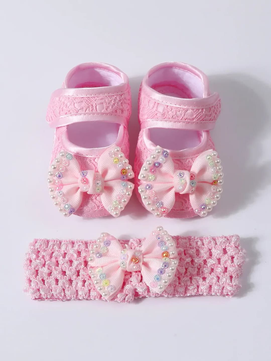 Baby Girls Baptism Shoes and Headband Set, Newborn Baby Soft Sole Princess Shoes And Hair band. thumbnail 3