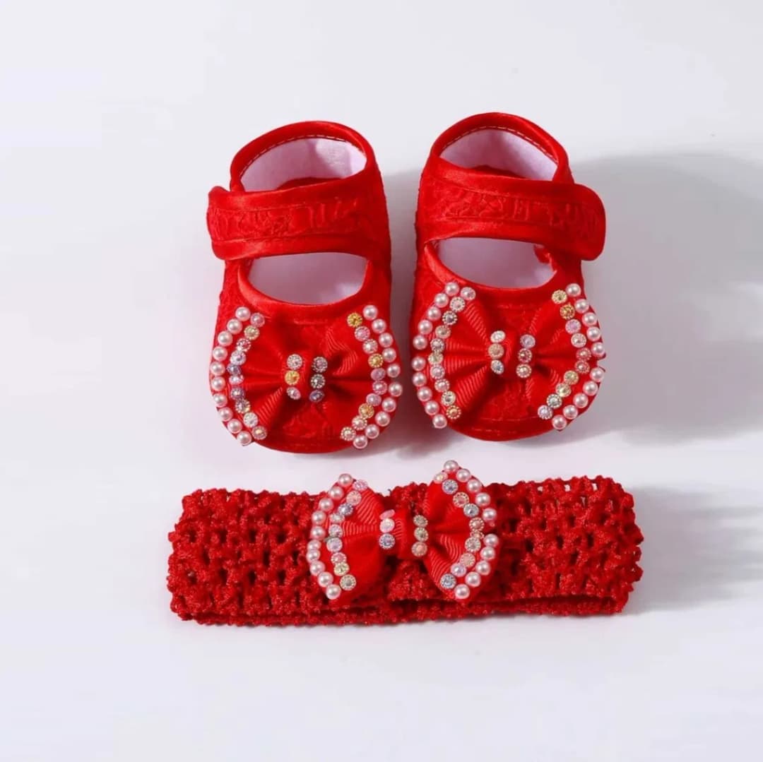 Baby Girls Baptism Shoes and Headband Set, Newborn Baby Soft Sole Princess Shoes And Hair band. thumbnail 2