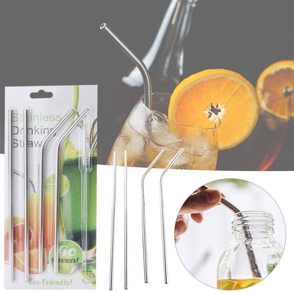 4 Pcs Reusable Stainless Steel Drinking Straw Set with Cleaning Brush (Pack of 5) thumbnail 3