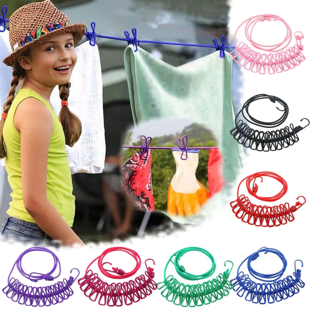 Elastic Clothes Drying Rope with 12 Clips – Portable Travel Cloth Line