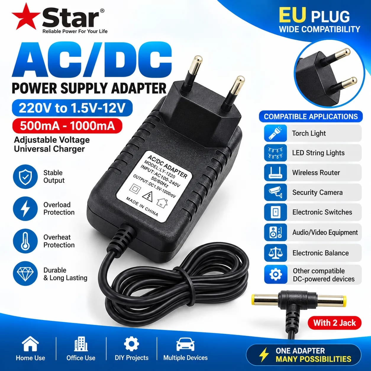 Star AC/DC Power Supply Adapter 220V to 1.5V-12V, 500mA-1000mA Universal Charger Adapter With 2 Jack – EU Plug (Black) thumbnail 2