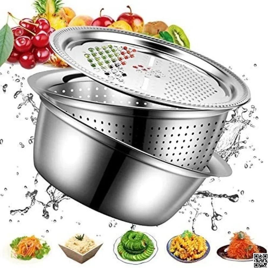 Stainless Steel 3 in 1 Vegetable Cutter & Drain Basket – Multifunctional Basin Set thumbnail 5