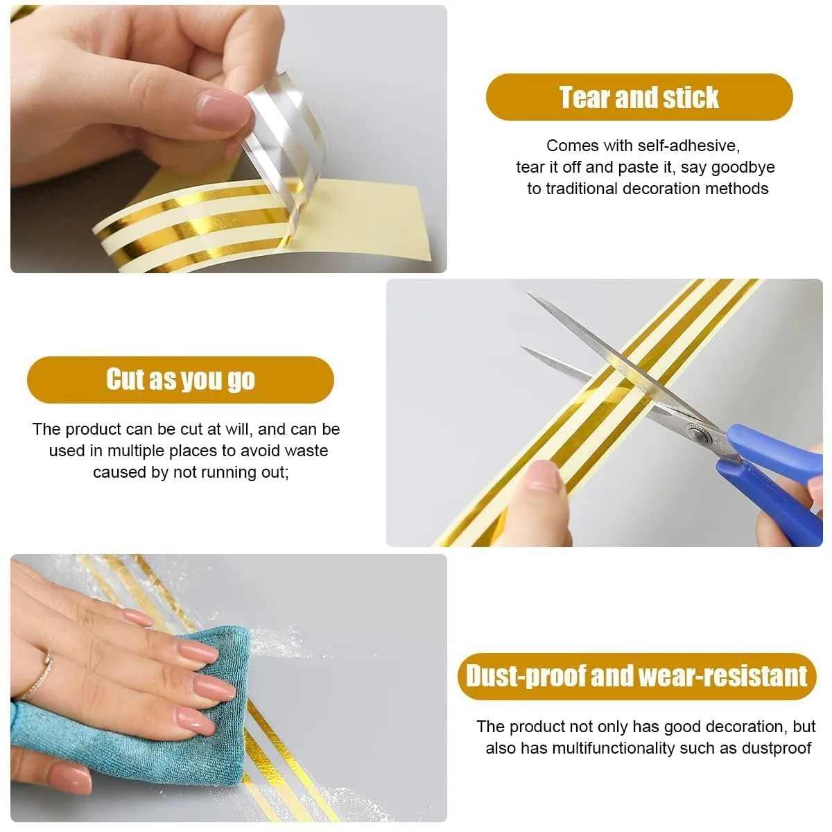 3 Line Golden Tile Gap Tape,5M Golden Tile Gap Tape, Home Tile Sticker Waterproof Tape PVC Self Adhesive Tape Ceramic Tile Gap Tape for Detailing Wall, Floor Tile Gap, Cabinetry thumbnail 6