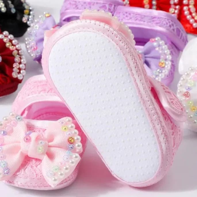 Baby Girls Baptism Shoes and Headband Set, Newborn Baby Soft Sole Princess Shoes And Hair band. thumbnail 6