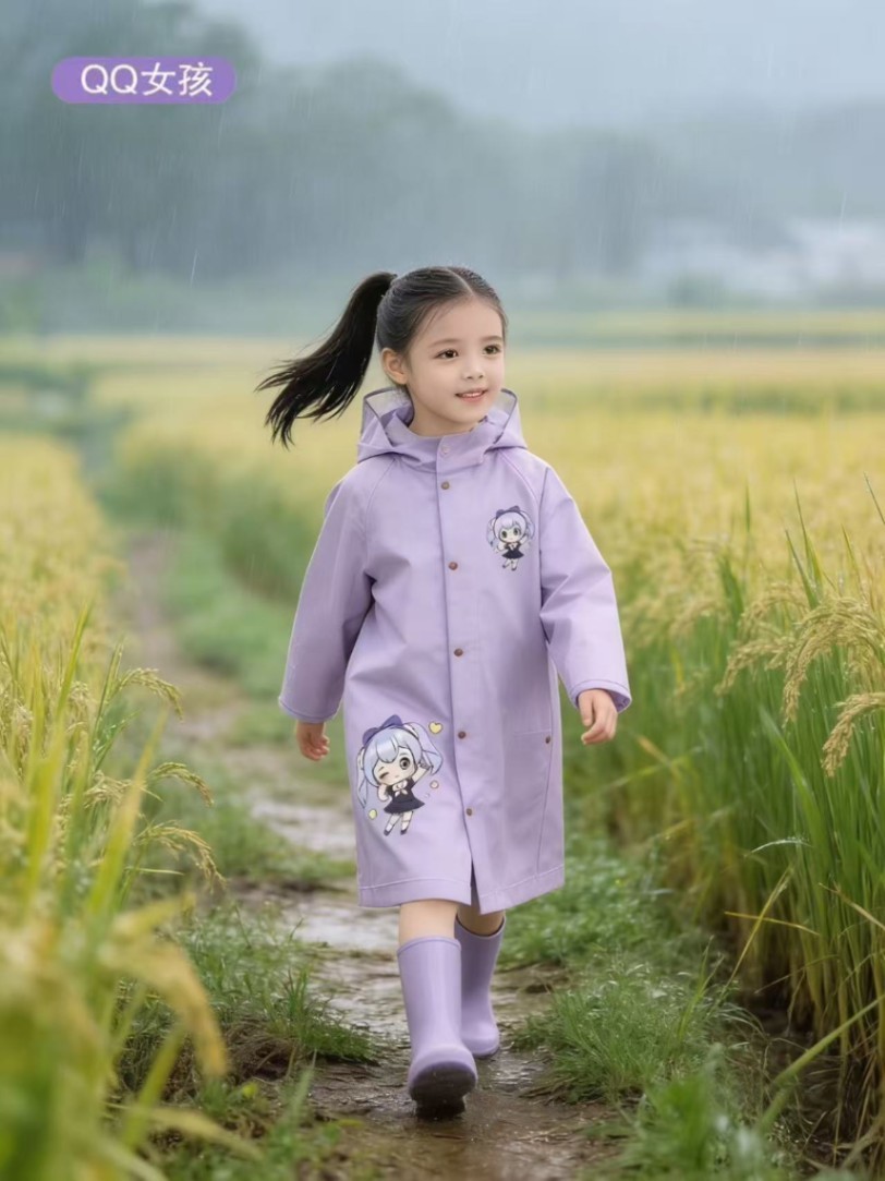 3D Cartoon Kids Raincoat with School Bag Pocket & Waterproof Transparent Face Shield thumbnail 2