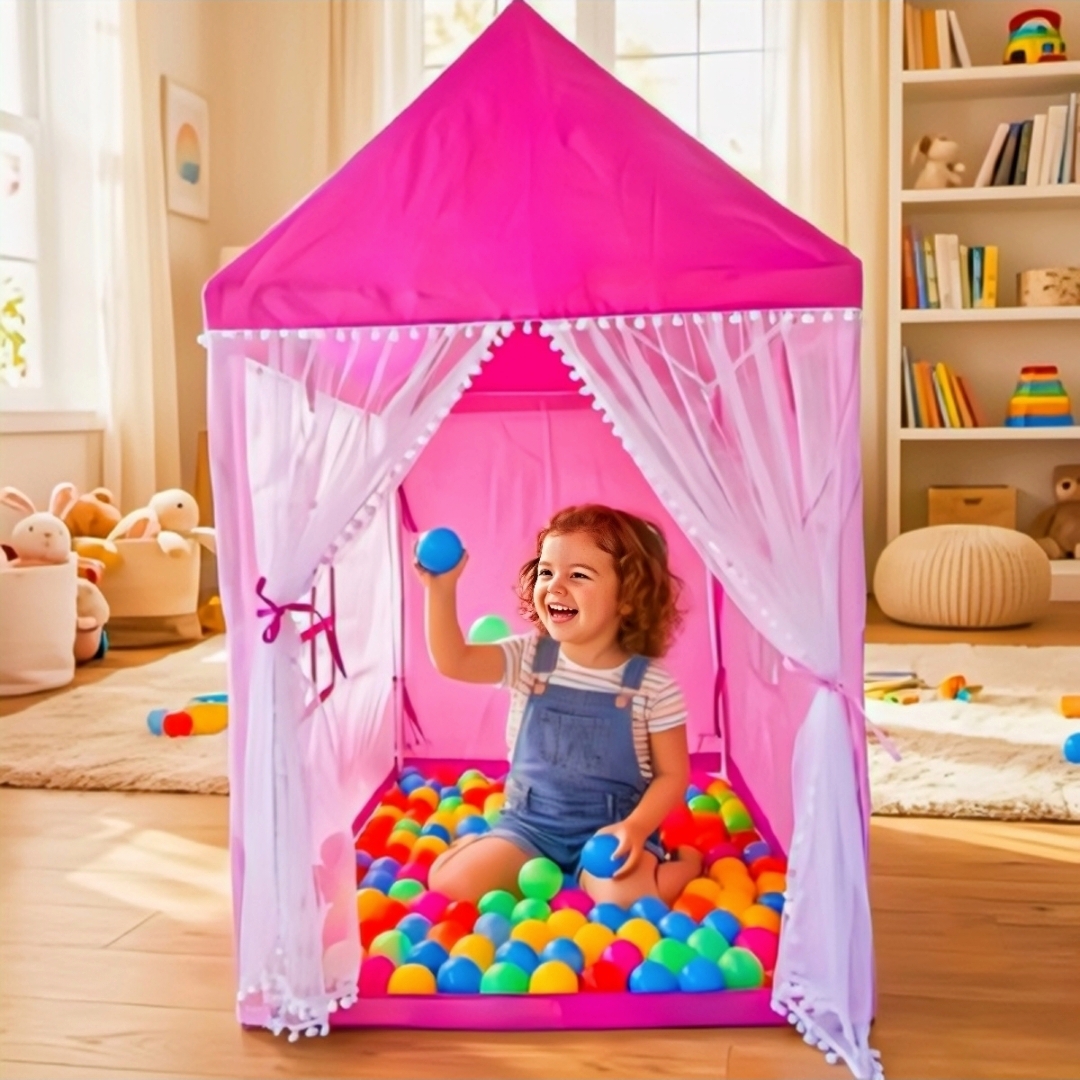 Baby Castle Tent House with 40 Balls – Portable Kids Play Tent for Indoor & Outdoor (Pink)