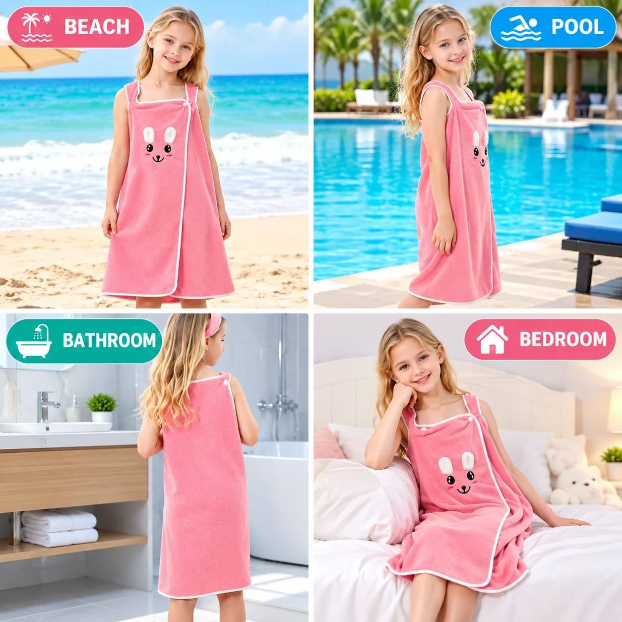 Baby Bath Towel Dress, Microfiber Baby Towel Dress, Faxianther Kids Bath Towel Wrap with Straps Soft Coral Fleece Bath Skirt Girls Thick Water Absorption Quick Dry Swimming Towels Animal Design Changing Robe Beach Bath Towels thumbnail 5