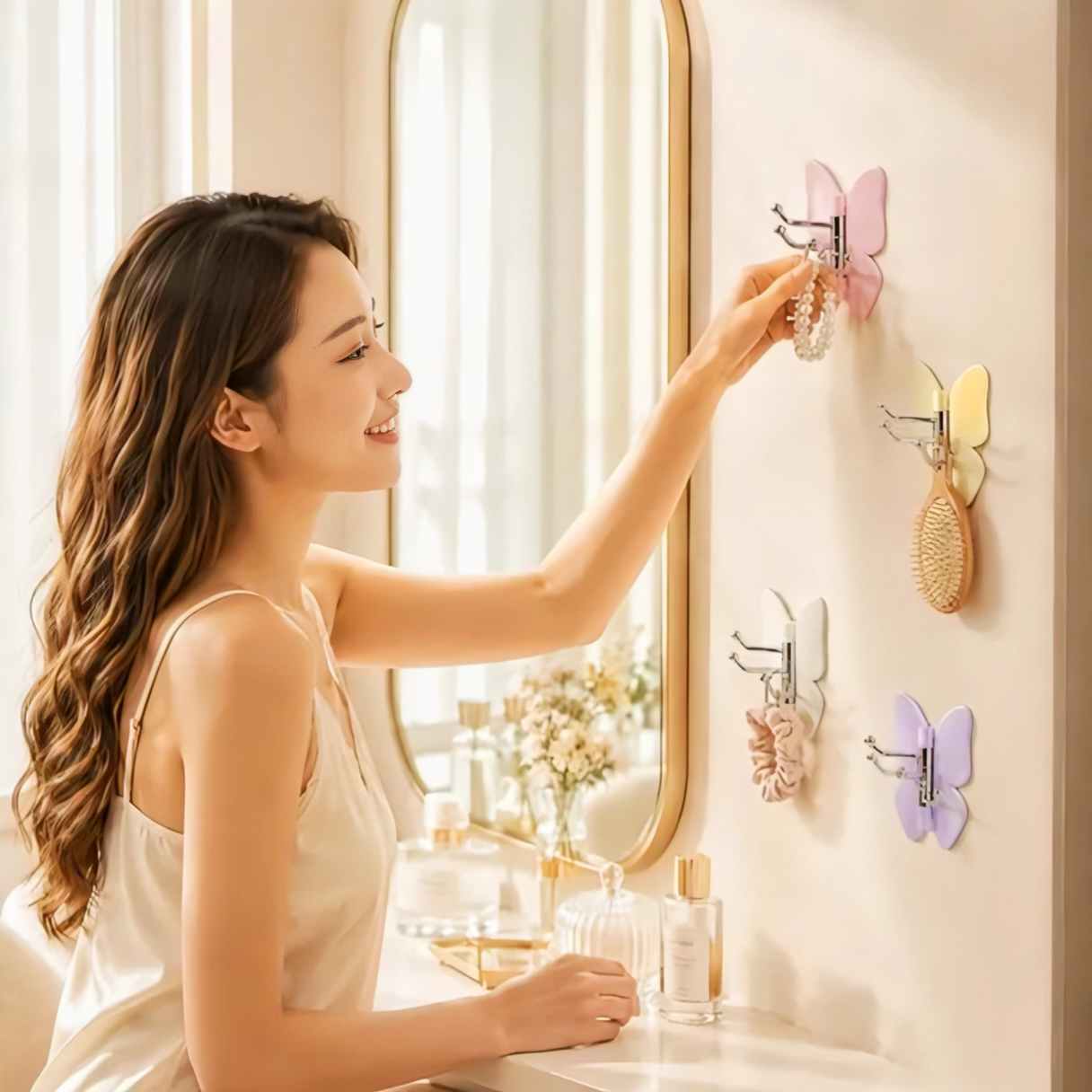 Butterfly Adhesive Wall Hooks with 180-Degree Rotation, Rotating Self-Adhesive Wall Hangers, 180° No-Drill Waterproof Organizer with Triple Hooks for Keys, Towels, Bags, Bathroom, Kitchen, Bedroom & Office, Multicolor thumbnail 6